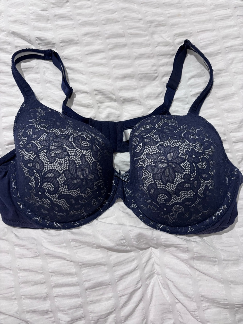 Cacique Bra 42C Navy Blue Floral Lace Lightly Lined Balconette Underwire